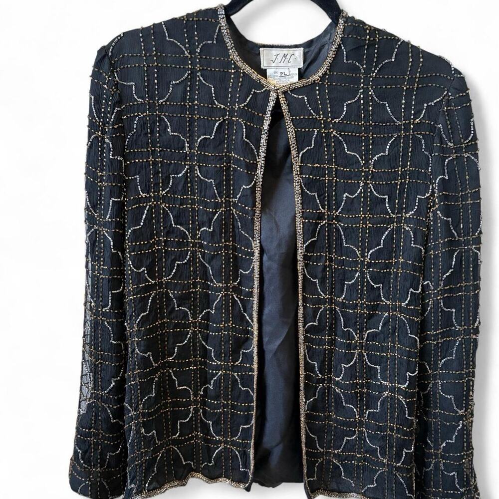 Vintage JMC Beaded 100% Silk Black Open Cardigan Jacket Blazer Top Size PL